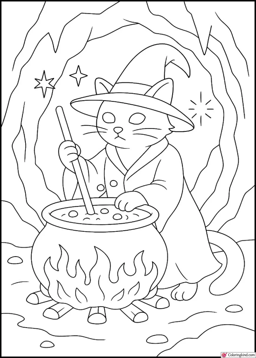 Witch Cat Stirring Potion in magical cave