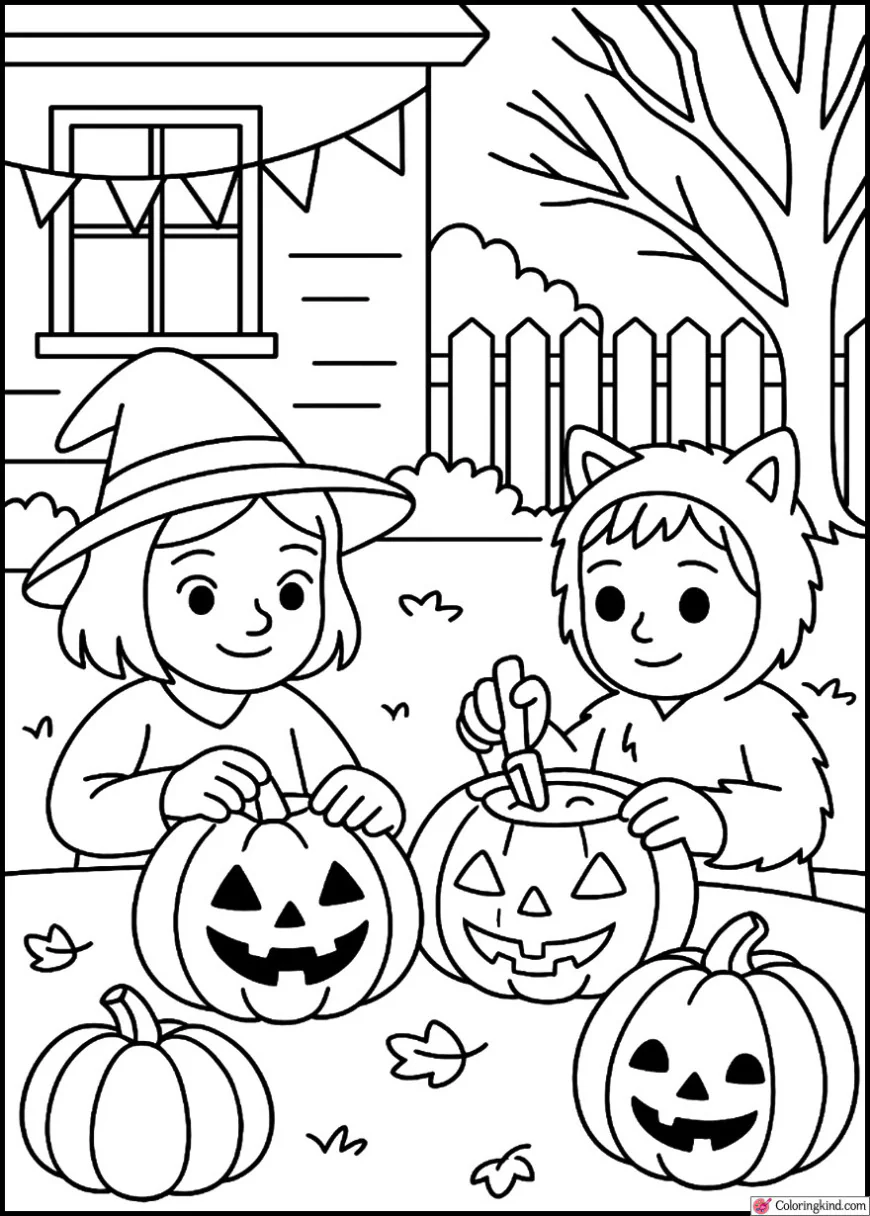 Kids in Costume Carving Pumpkins