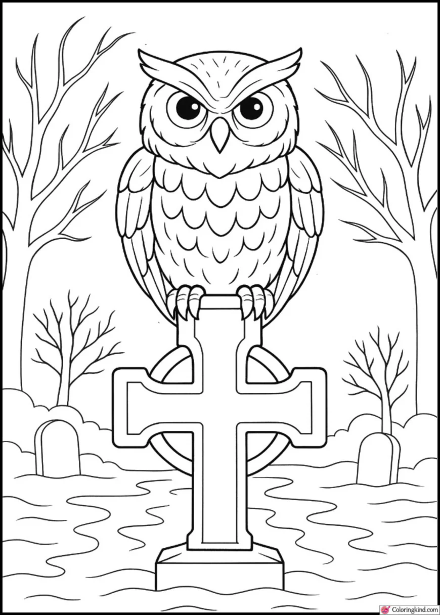 Owl Sitting on Grave Cross