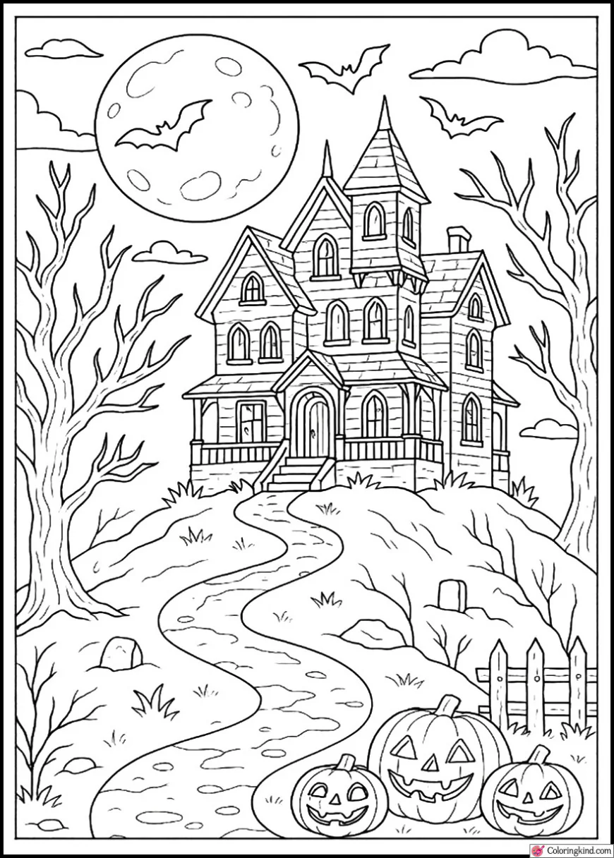 Haunted House on a Hill Under Full Moon