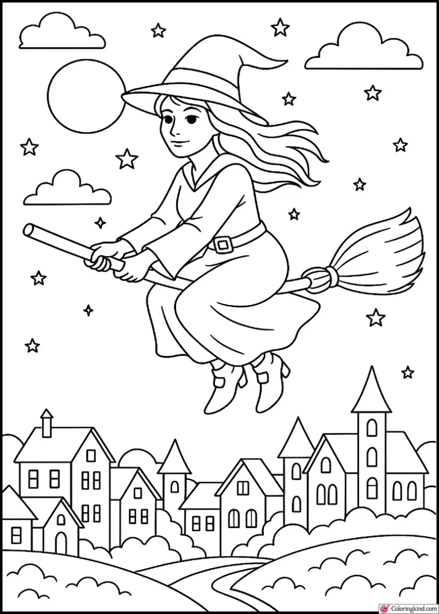 Witch Flying on Broom Over Village