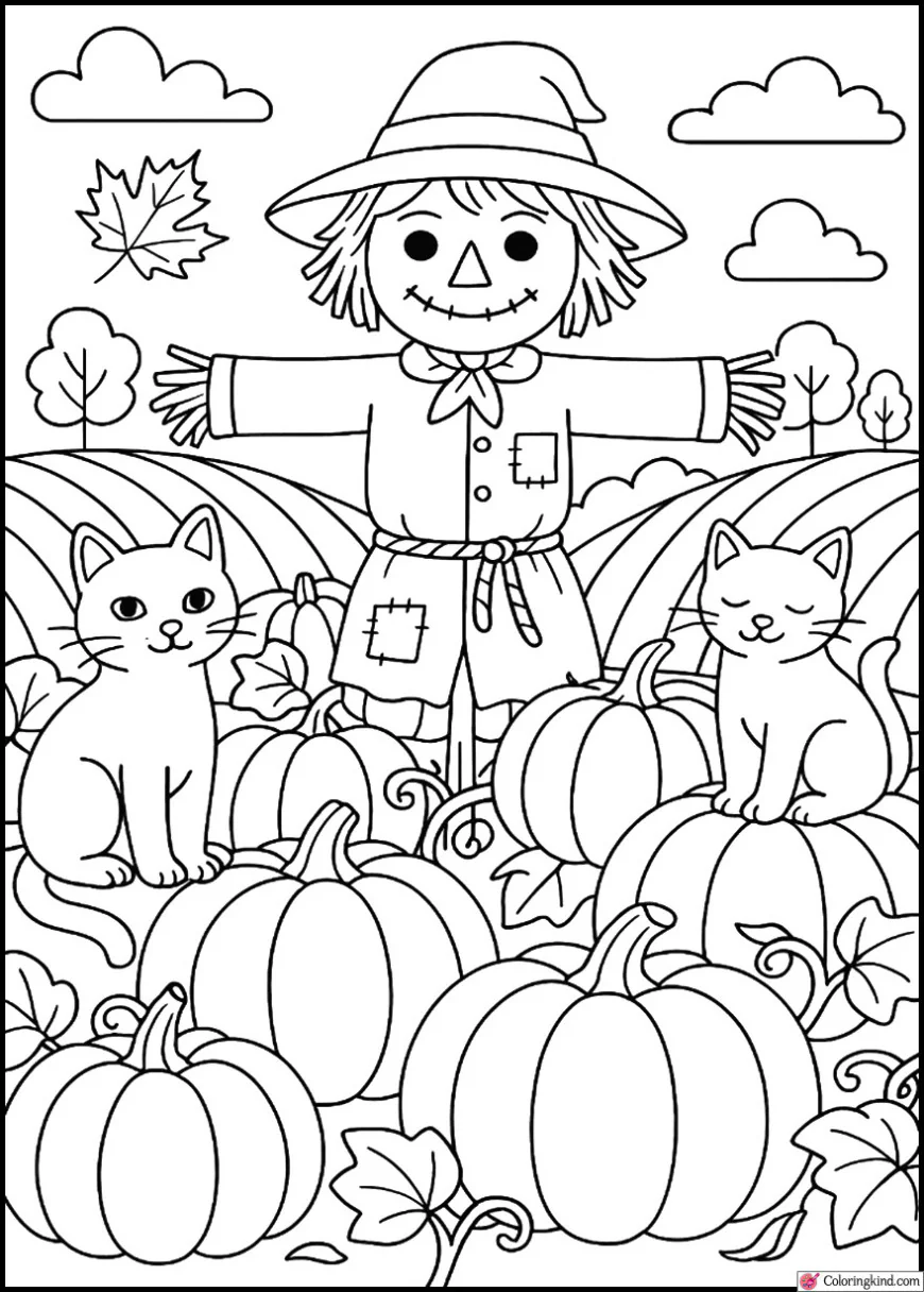Pumpkin Patch with Scarecrow and Cats