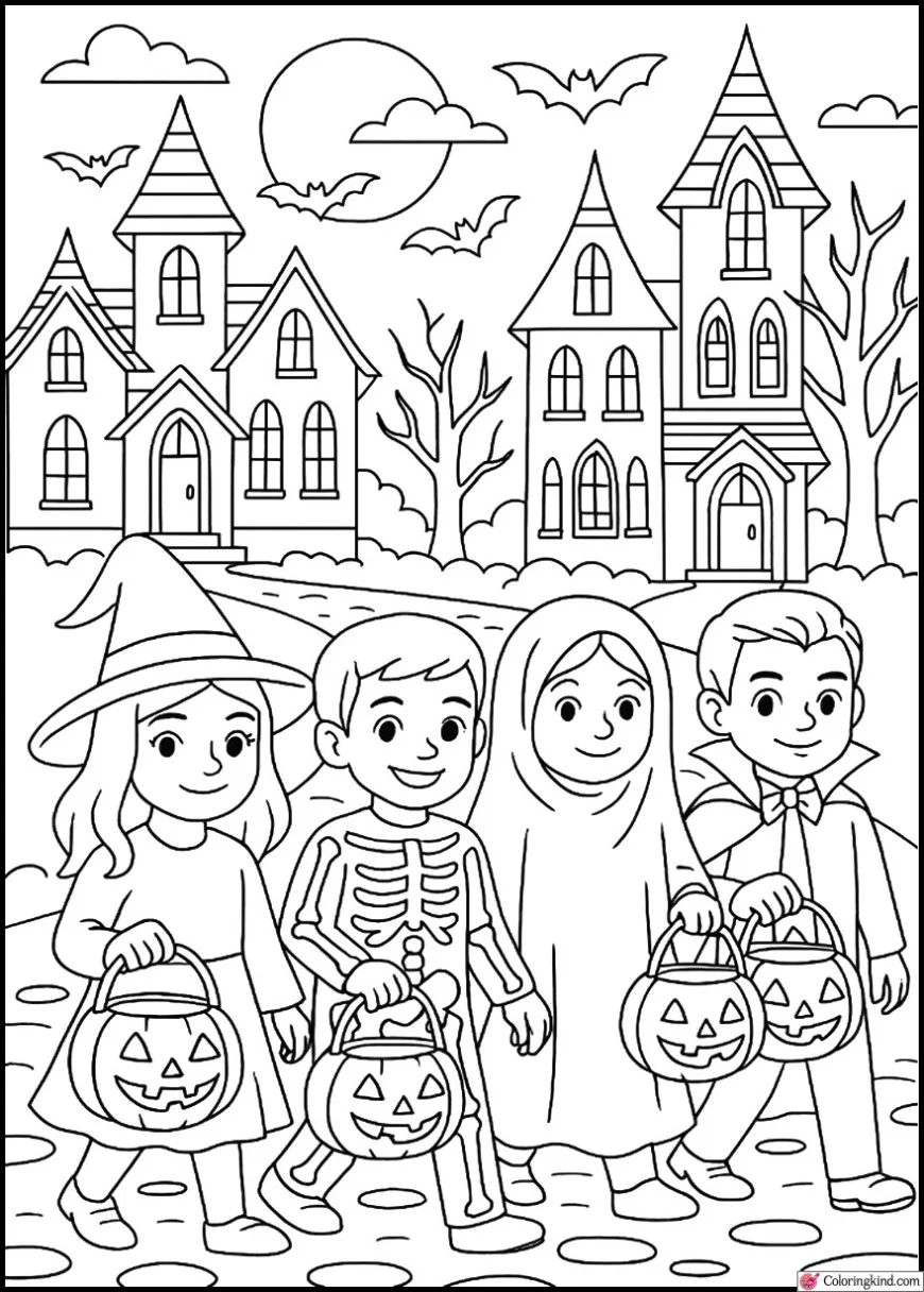 Trick-or-Treaters Walking Down Street