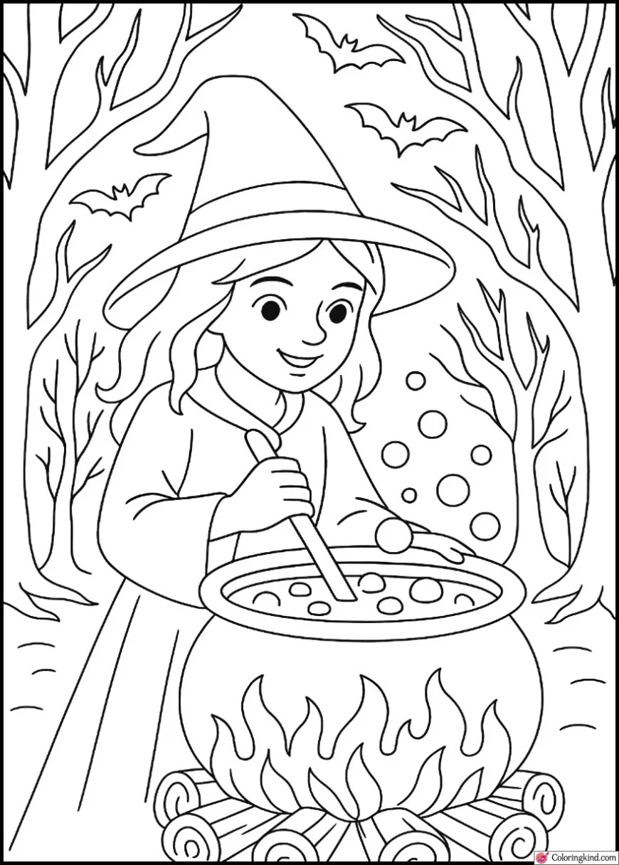 Witch Brewing Potion – bubbling cauldron and dark forest