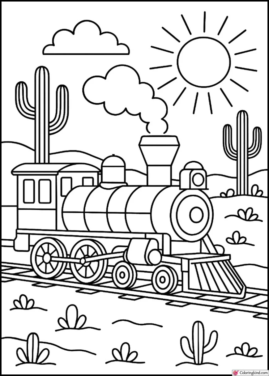 Desert Train with Cacti and Sun
