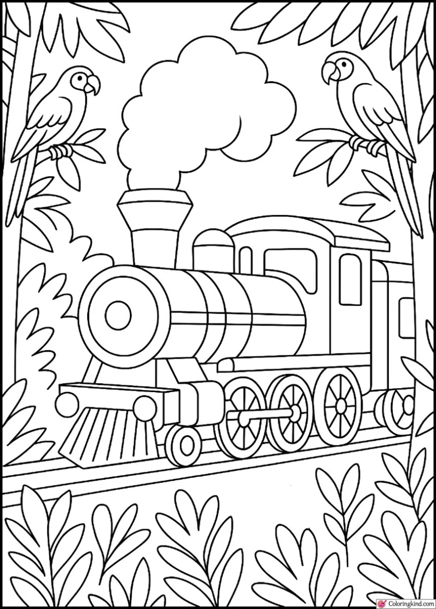 Jungle Train with Parrots and Trees
