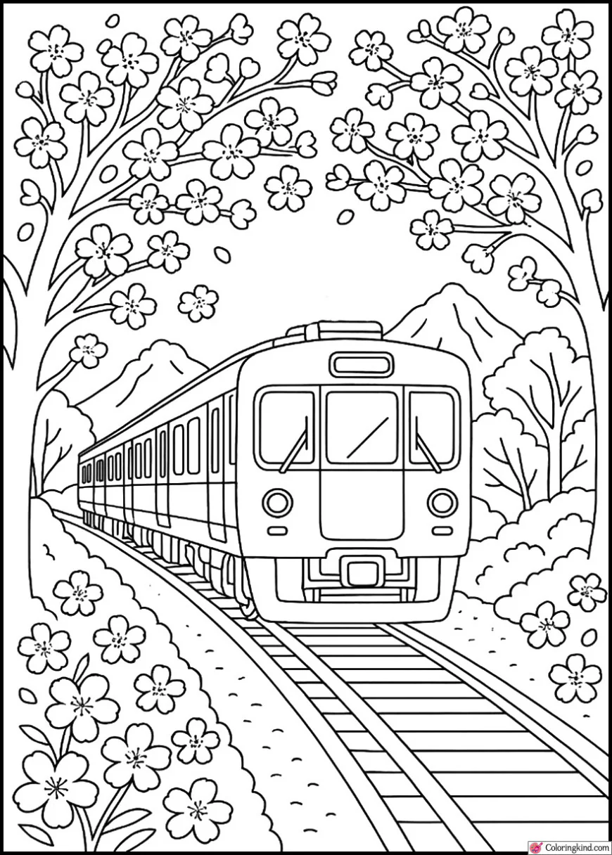 Train on Tracks Surrounded by Cherry Blossoms
