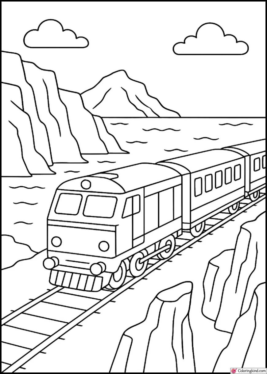Train on Tracks Beside Ocean Cliffs