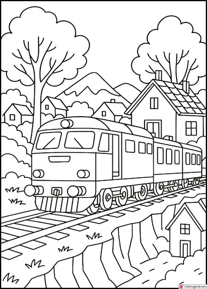 Train Approaching a Rustic Village