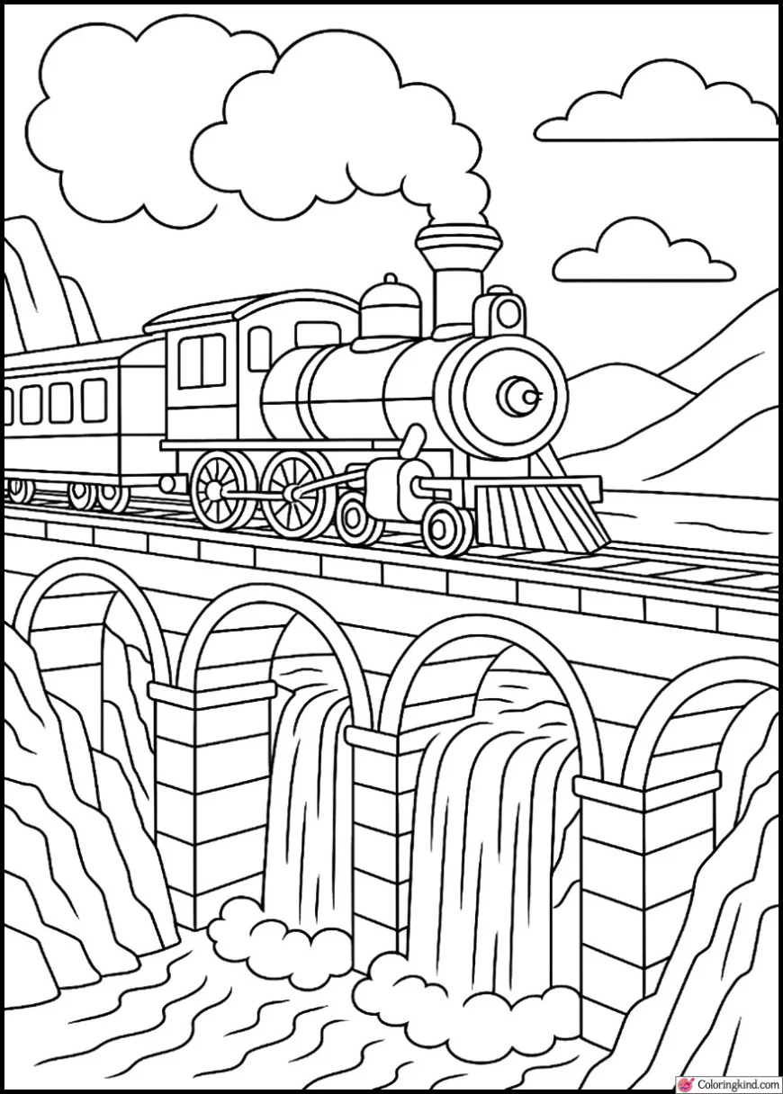 Steam Train Crossing Over a Waterfall Bridge