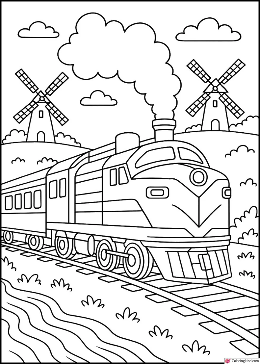 Train Passing by Windmills in Countryside