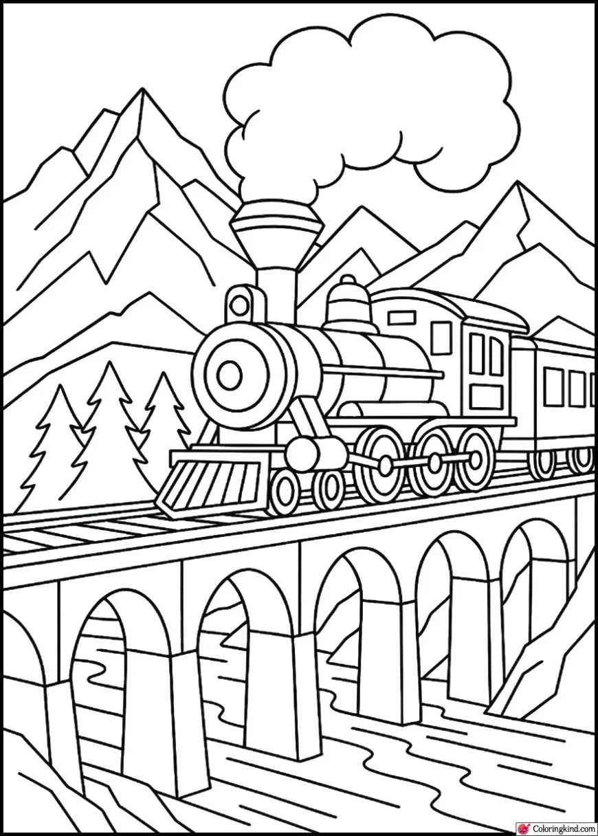 Steam Train Crossing a Mountain Bridge