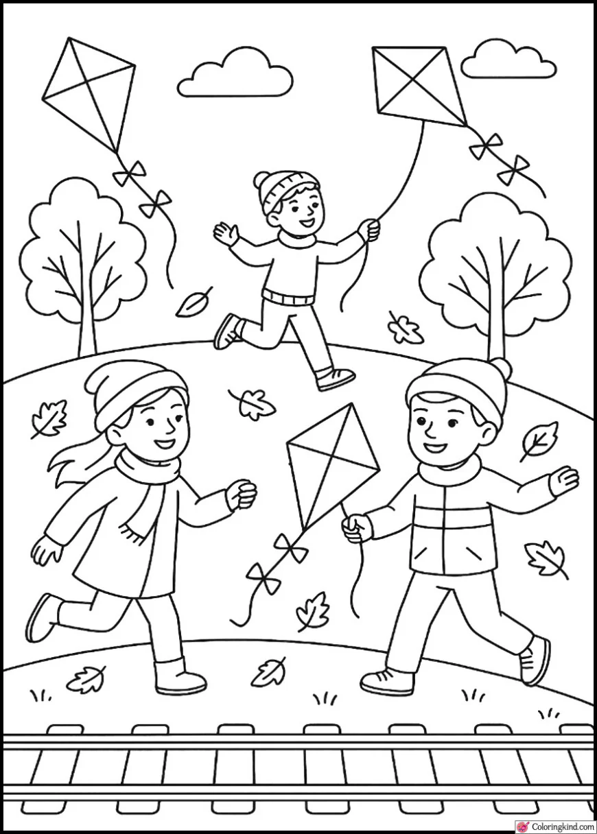 Children Flying Kites on an Autumn Hill