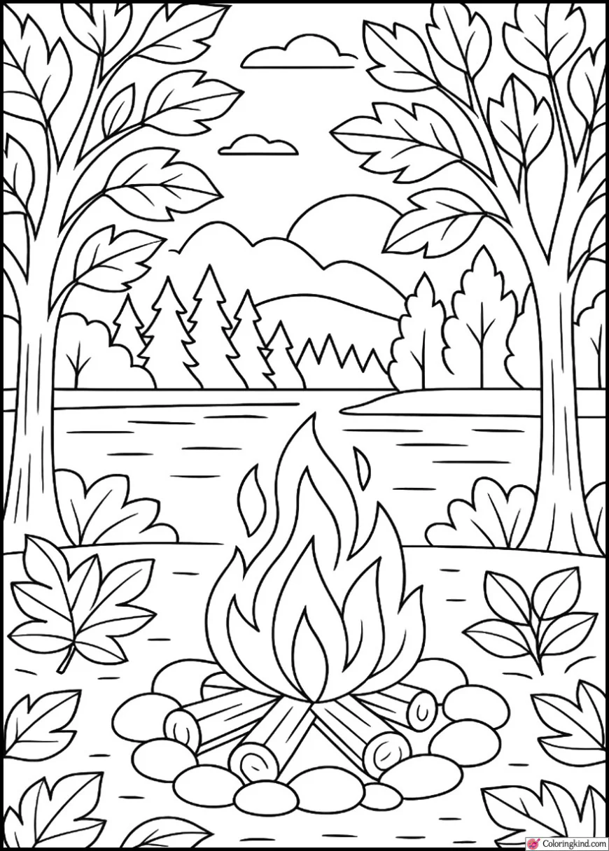Campfire by a Lake with Autumn Trees