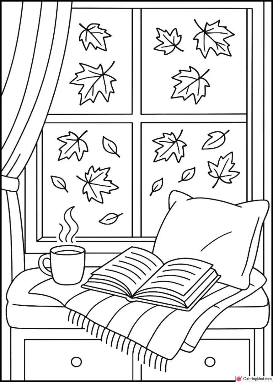 Cozy Reading Spot by a Window with Falling Leaves