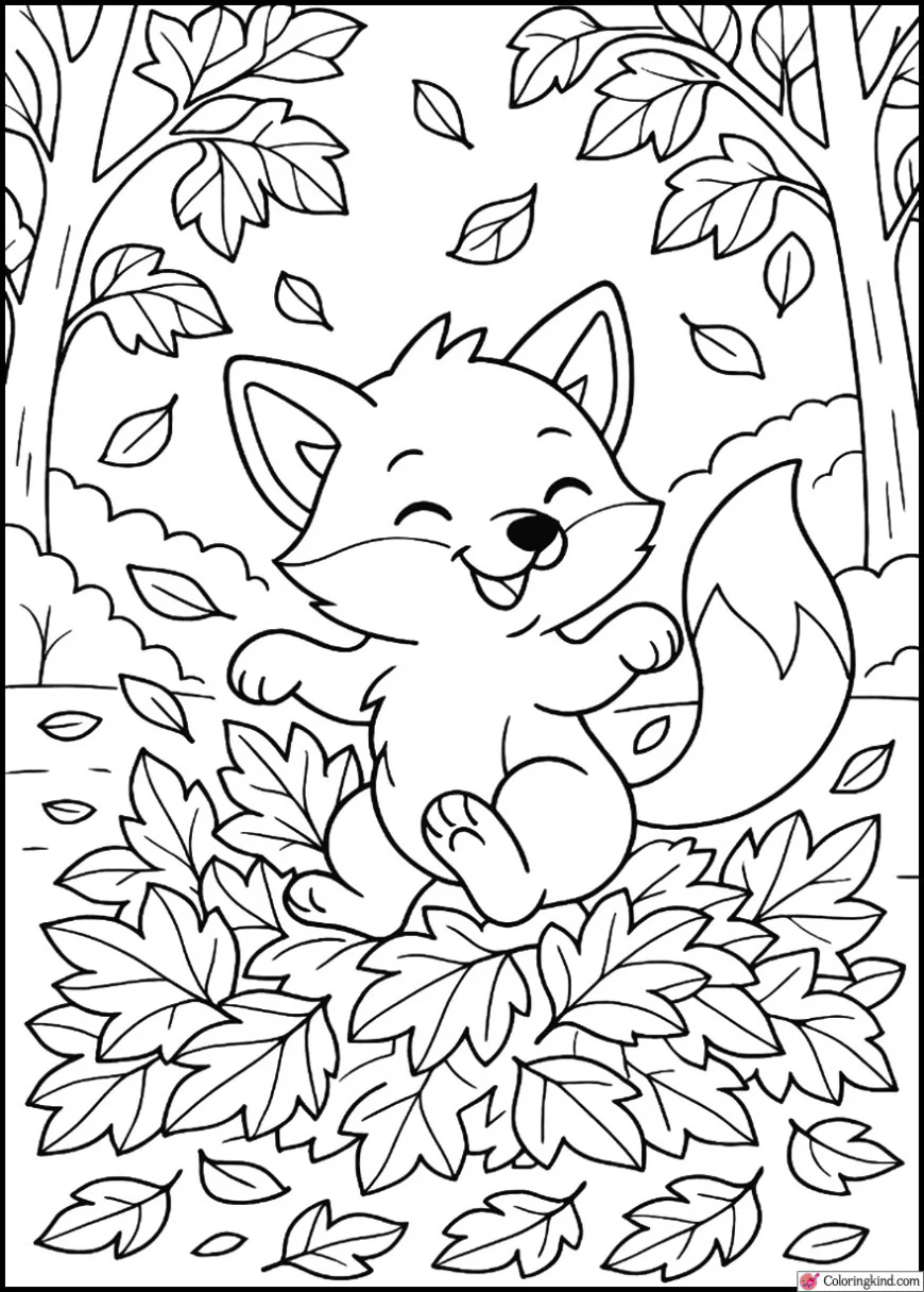 Little Fox Playing in Leaf Piles