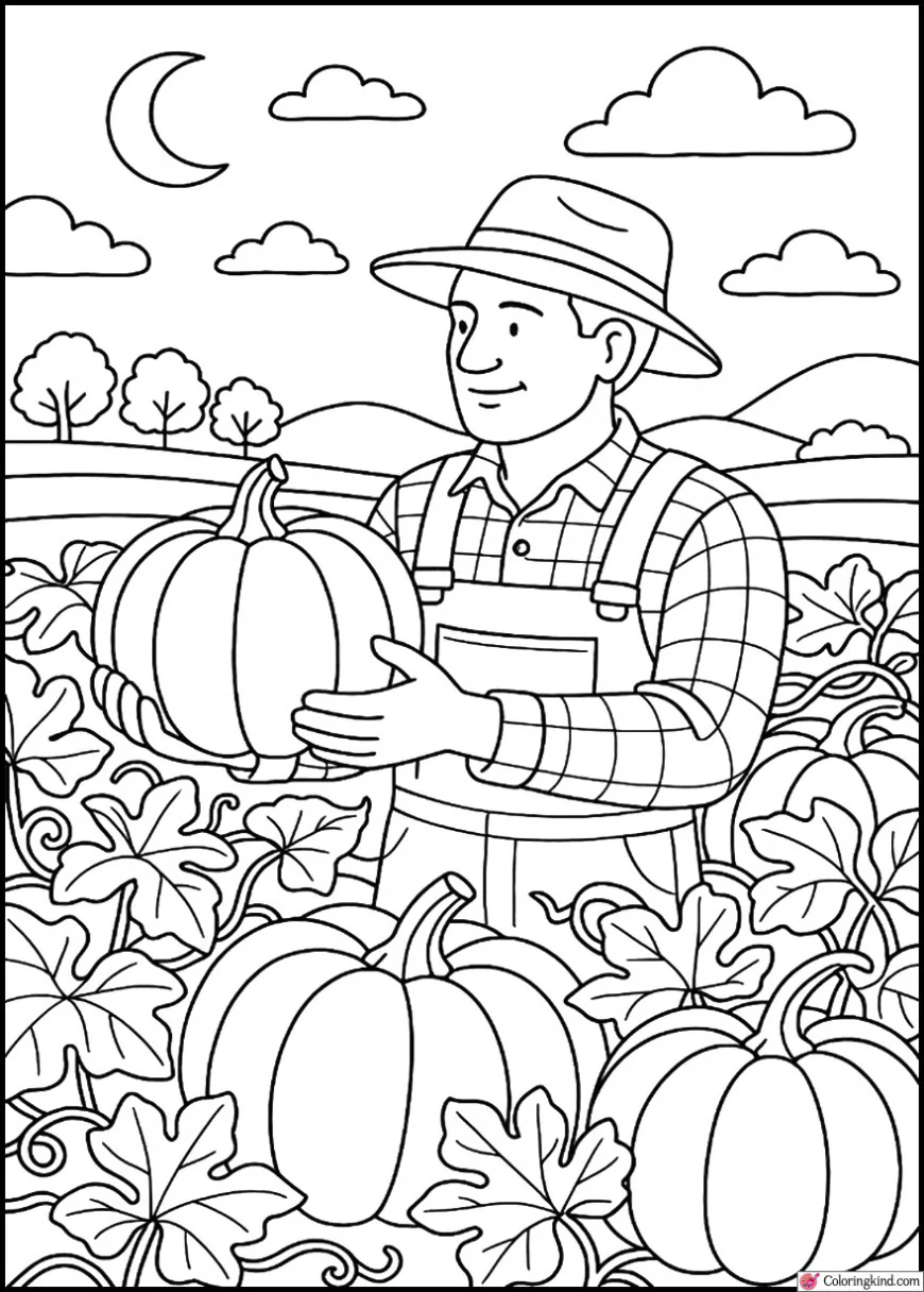 Farmer Harvesting Pumpkins at Dusk
