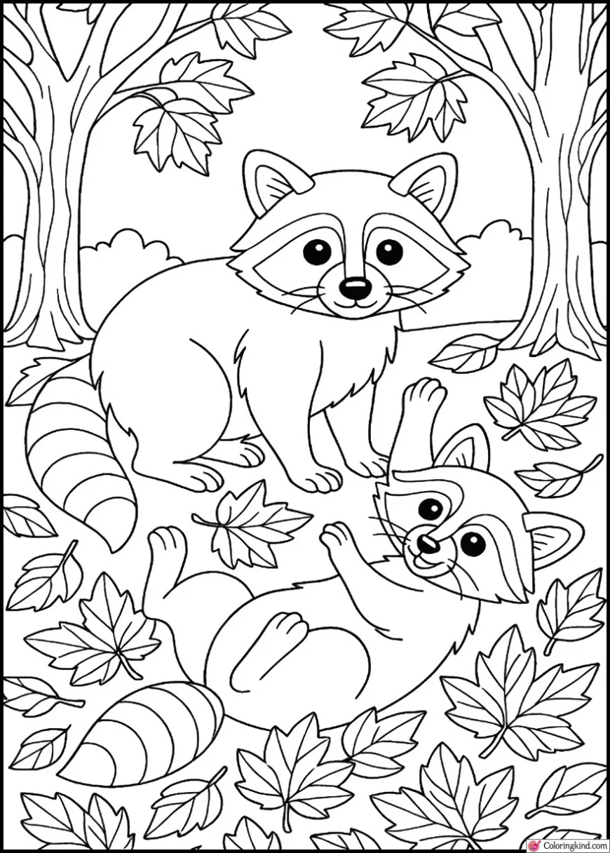Raccoons Playing Among Fallen Leaves