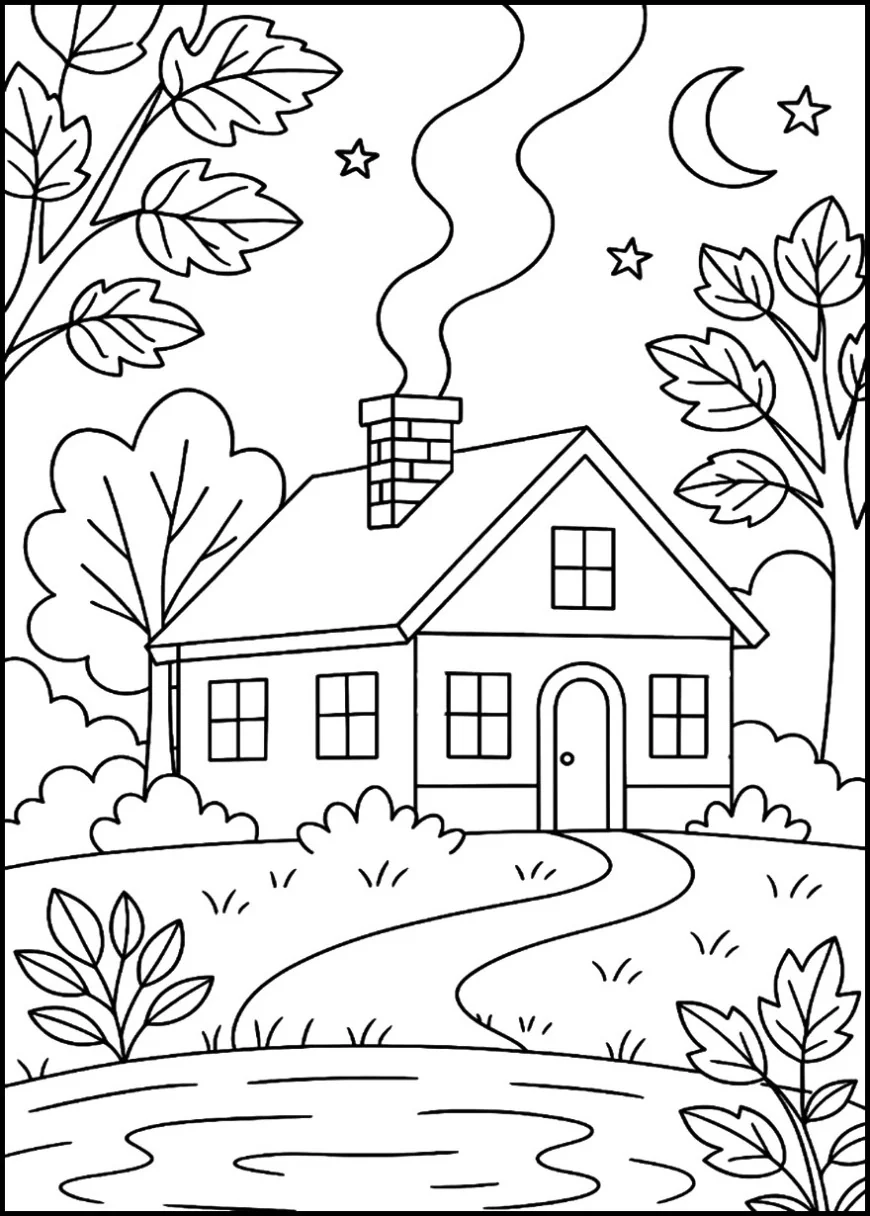Cozy House with Smoke Rising on a Chilly Evening
