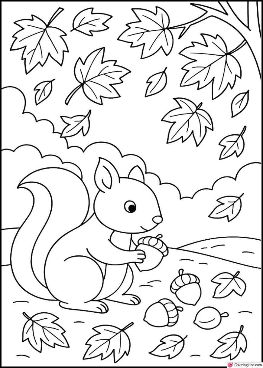 Squirrel Collecting Nuts Under Falling Leaves