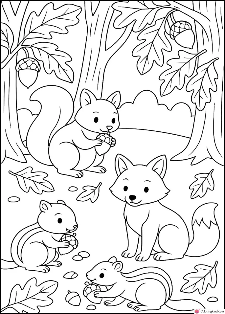 Woodland Animals Gathering Acorns