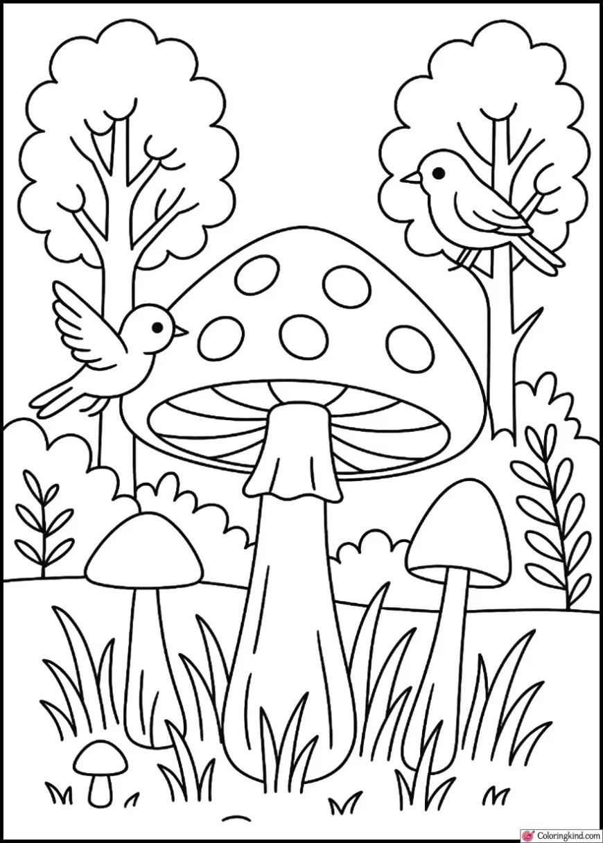 Forest Scene with Mushrooms and Birds