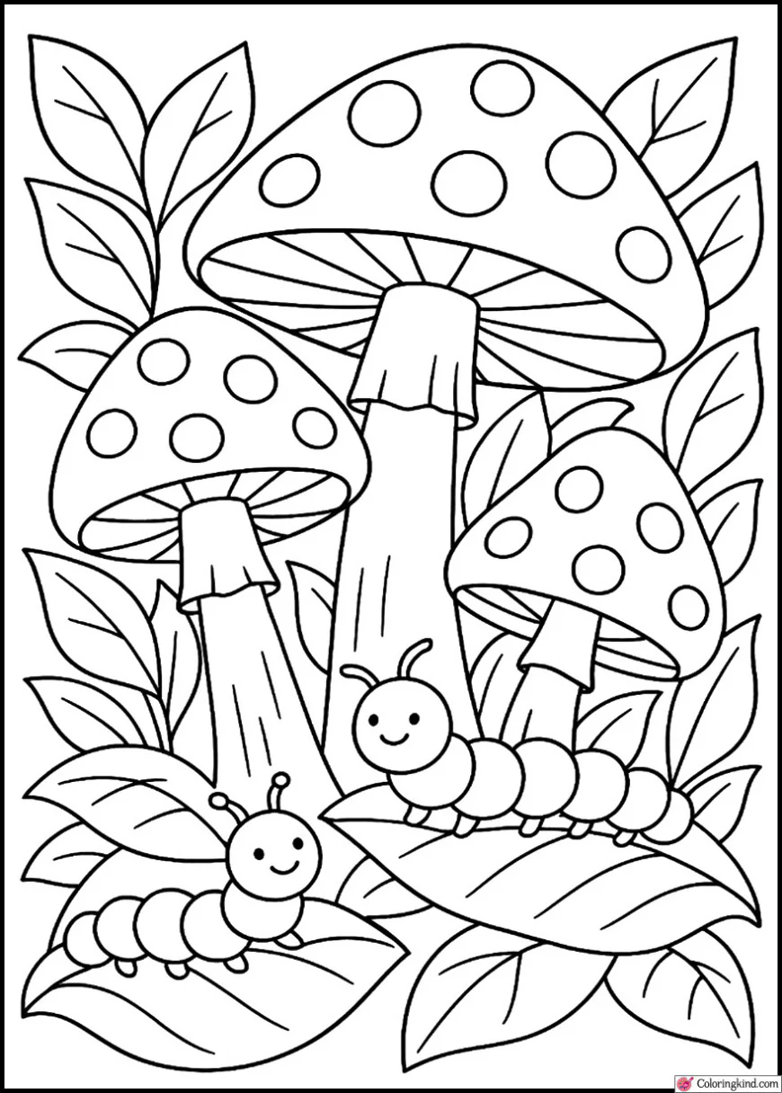 Mushrooms and Caterpillars on Leaves