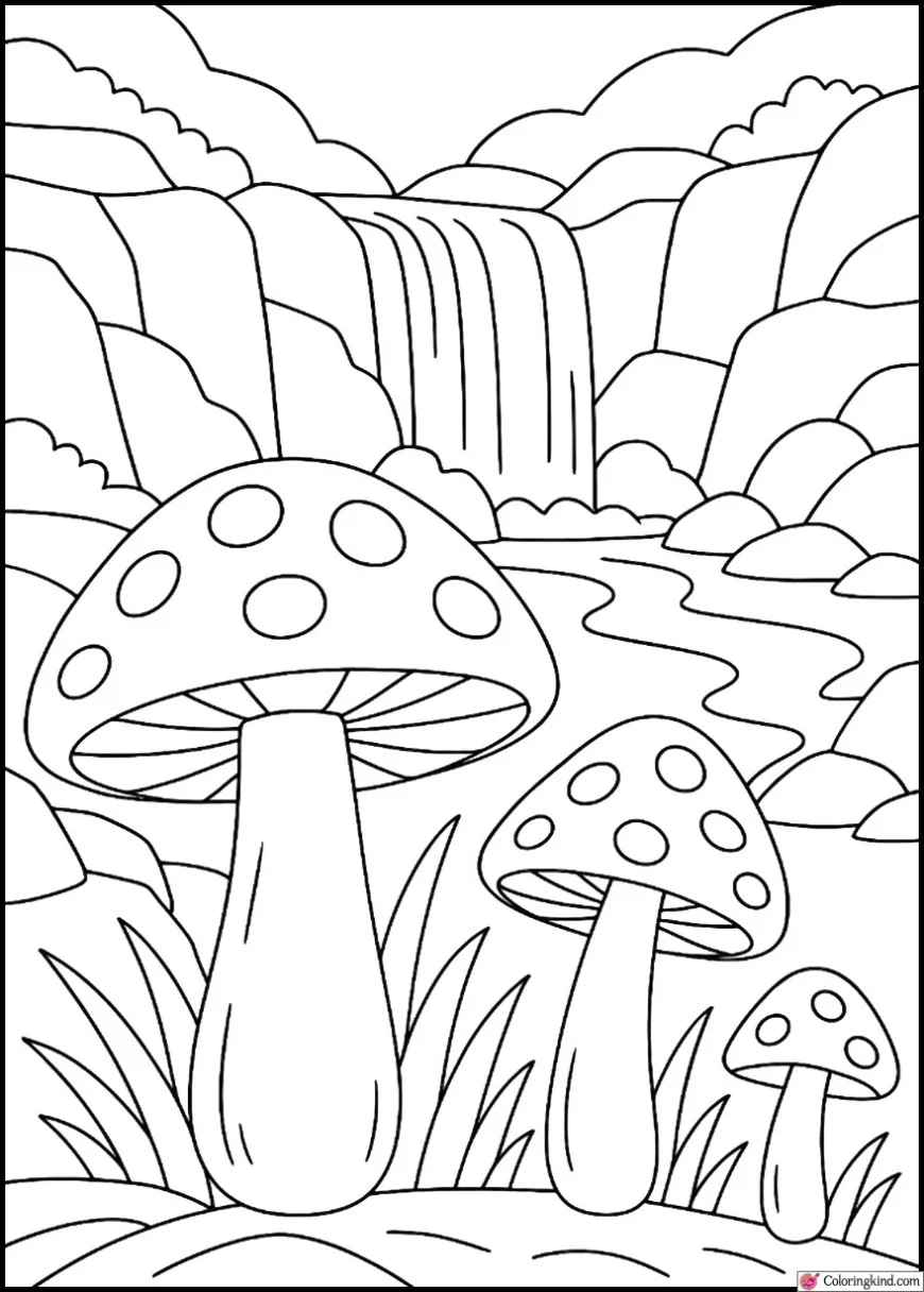 Mushrooms Near Waterfall Rocks
