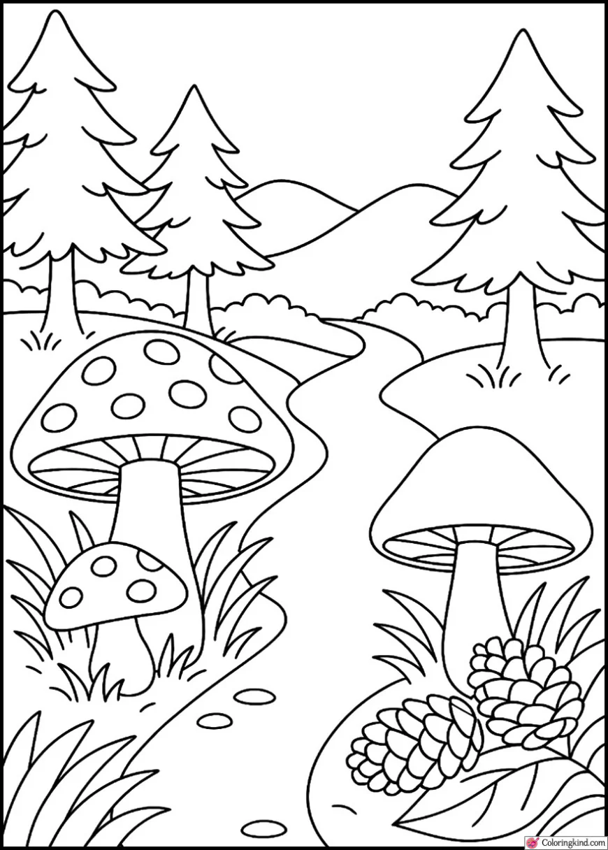 Forest Path with Mushrooms and Pinecones