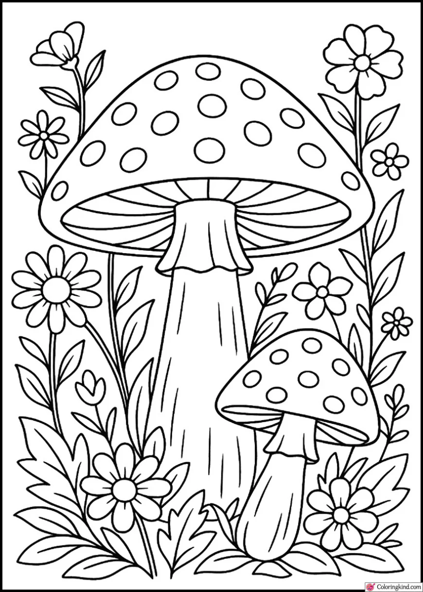 Mushrooms Surrounded by Wildflowers