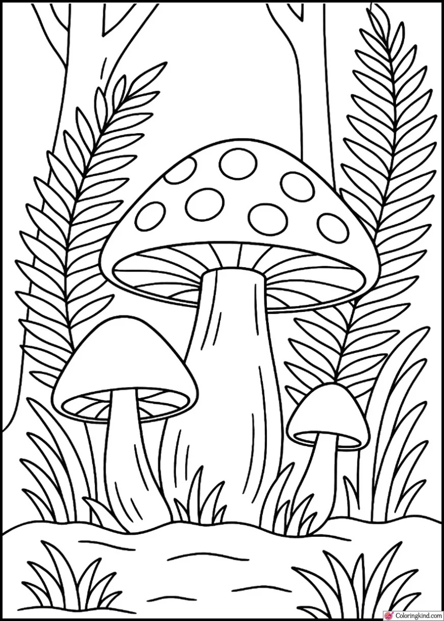 Woodland Scene with Mushrooms and Ferns