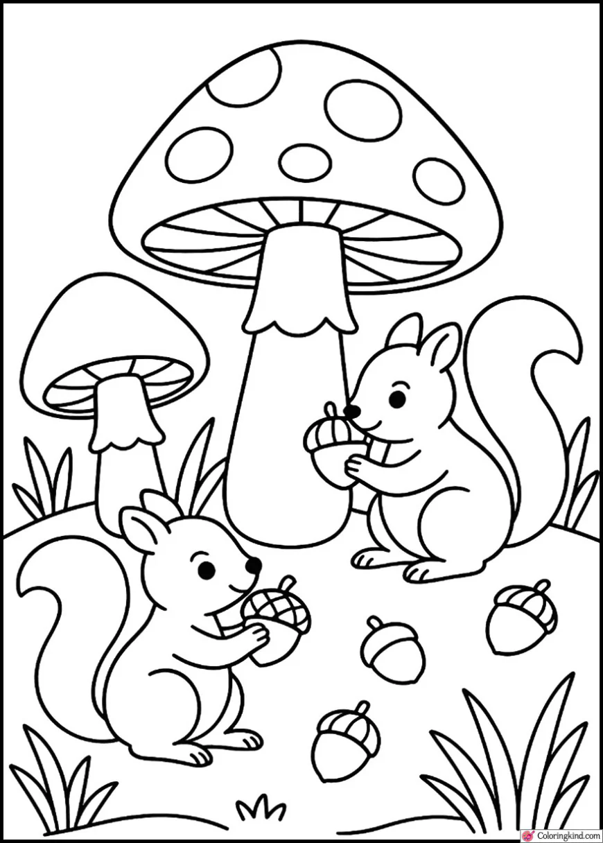 Mushrooms and Squirrels Gathering Nuts