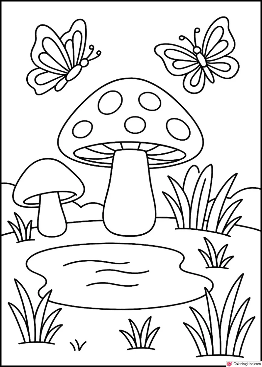 Mushrooms and Butterflies Around a Pond