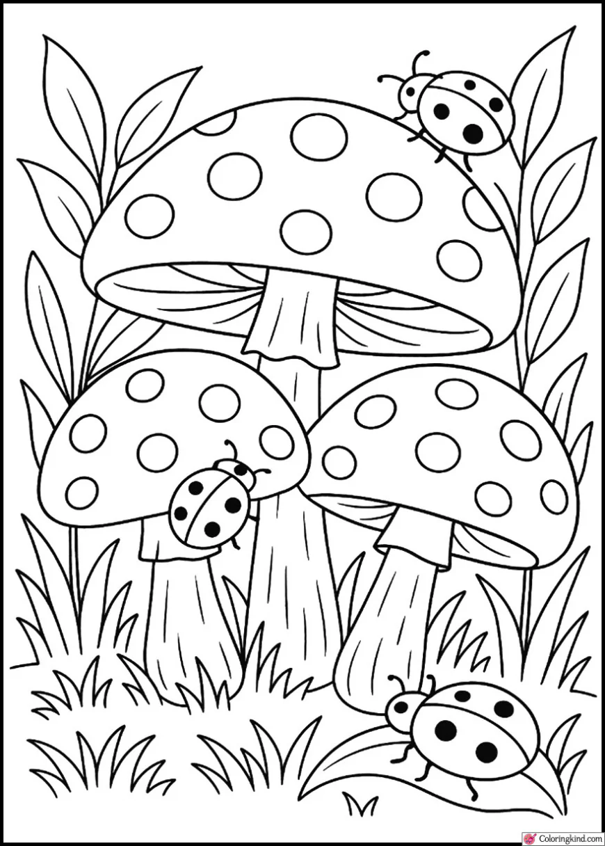Mushrooms and Ladybugs in the Garden