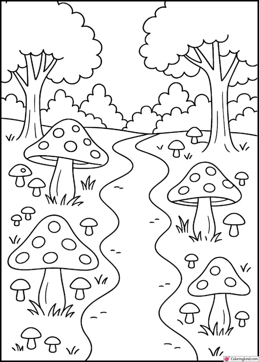 Woodland Path with Scattered Mushrooms