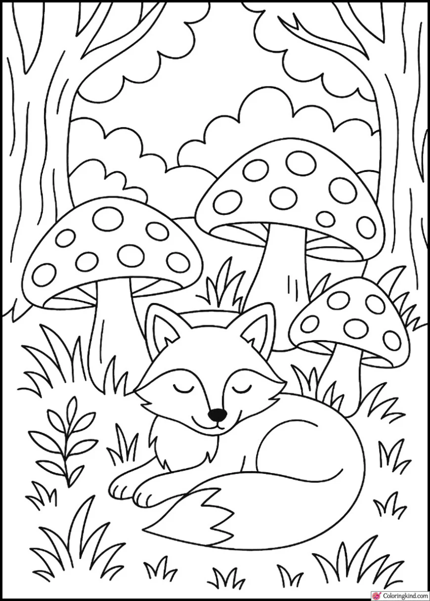 Fox Resting Near Forest Mushrooms