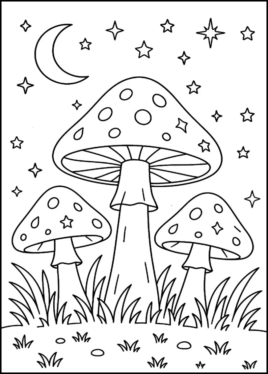 Magical Mushrooms with Fireflies at Night
