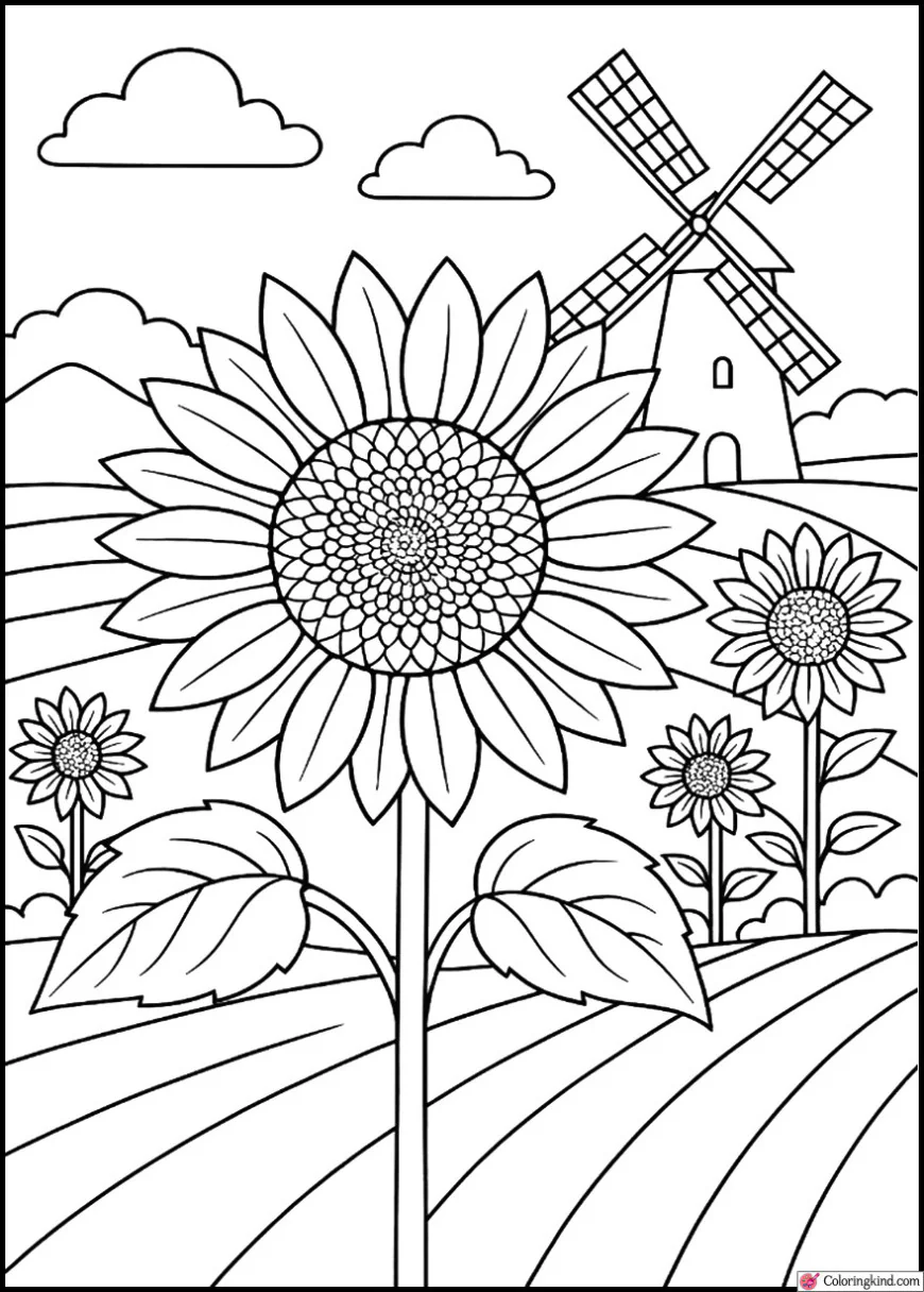 Sunflower and Windmill Countryside Scene