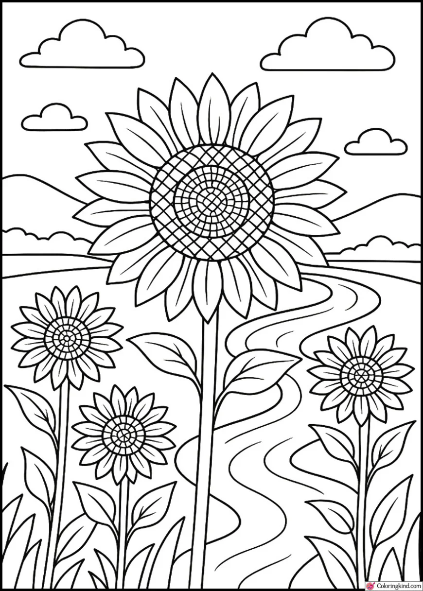 Sunflowers and a Flowing River