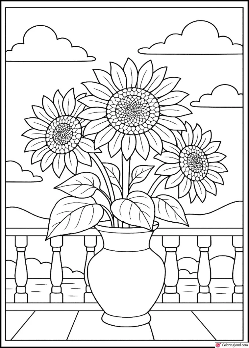 Sunflowers in a vase on a sunny balcony