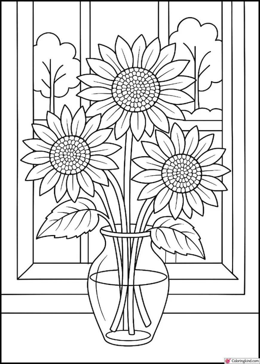 Sunflowers in a glass vase near a bright window with trees