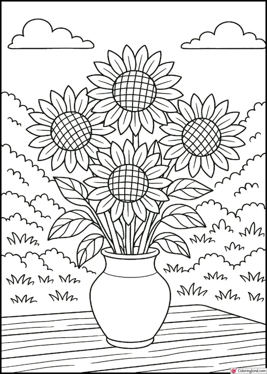 A vase of sunflowers on a cozy wooden table