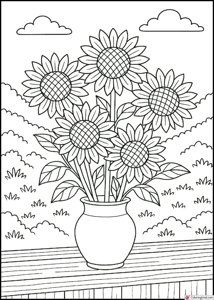 Sunflowers in a vase on a wooden shelf with nature outside