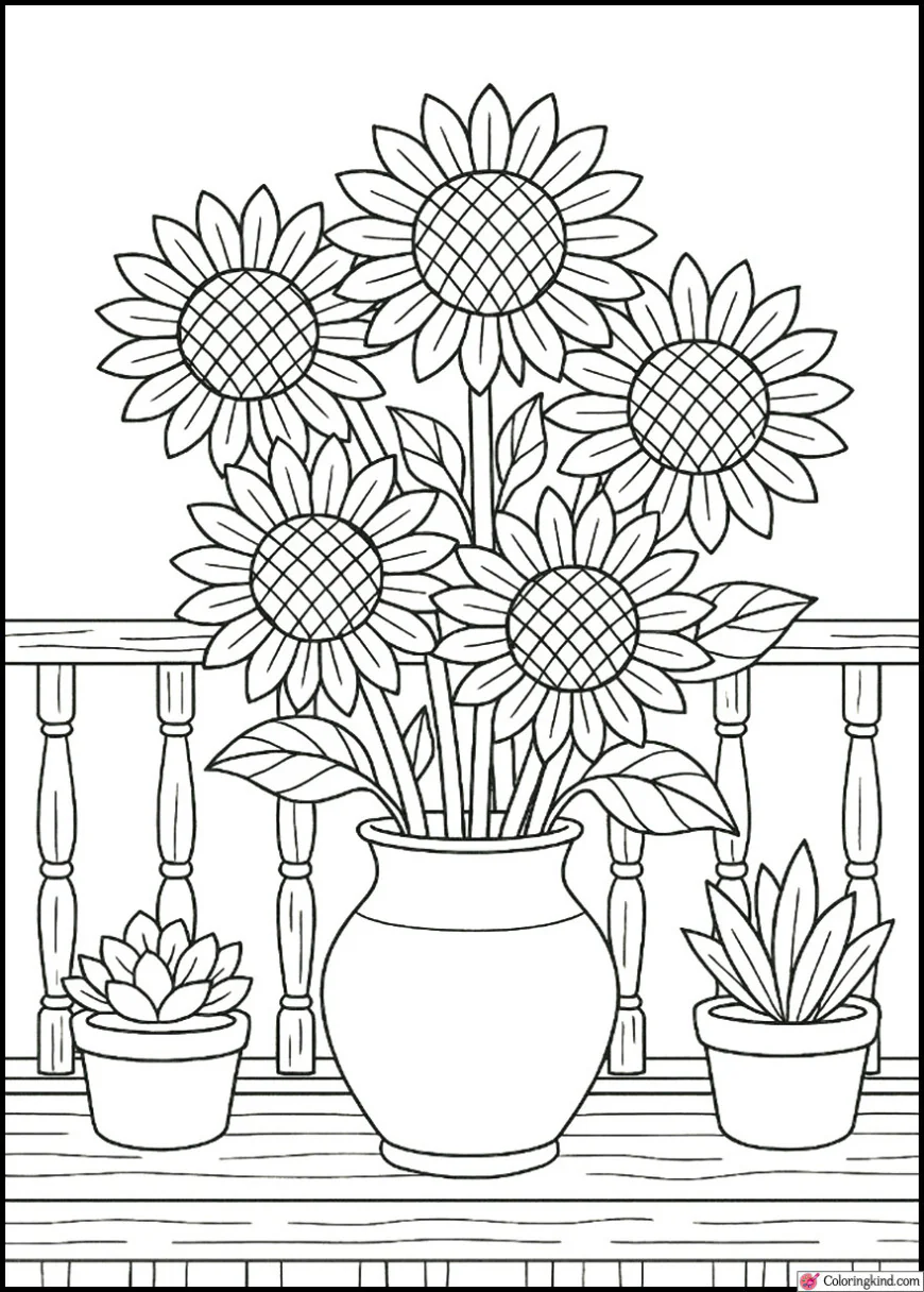 A bouquet of sunflowers on a rustic balcony