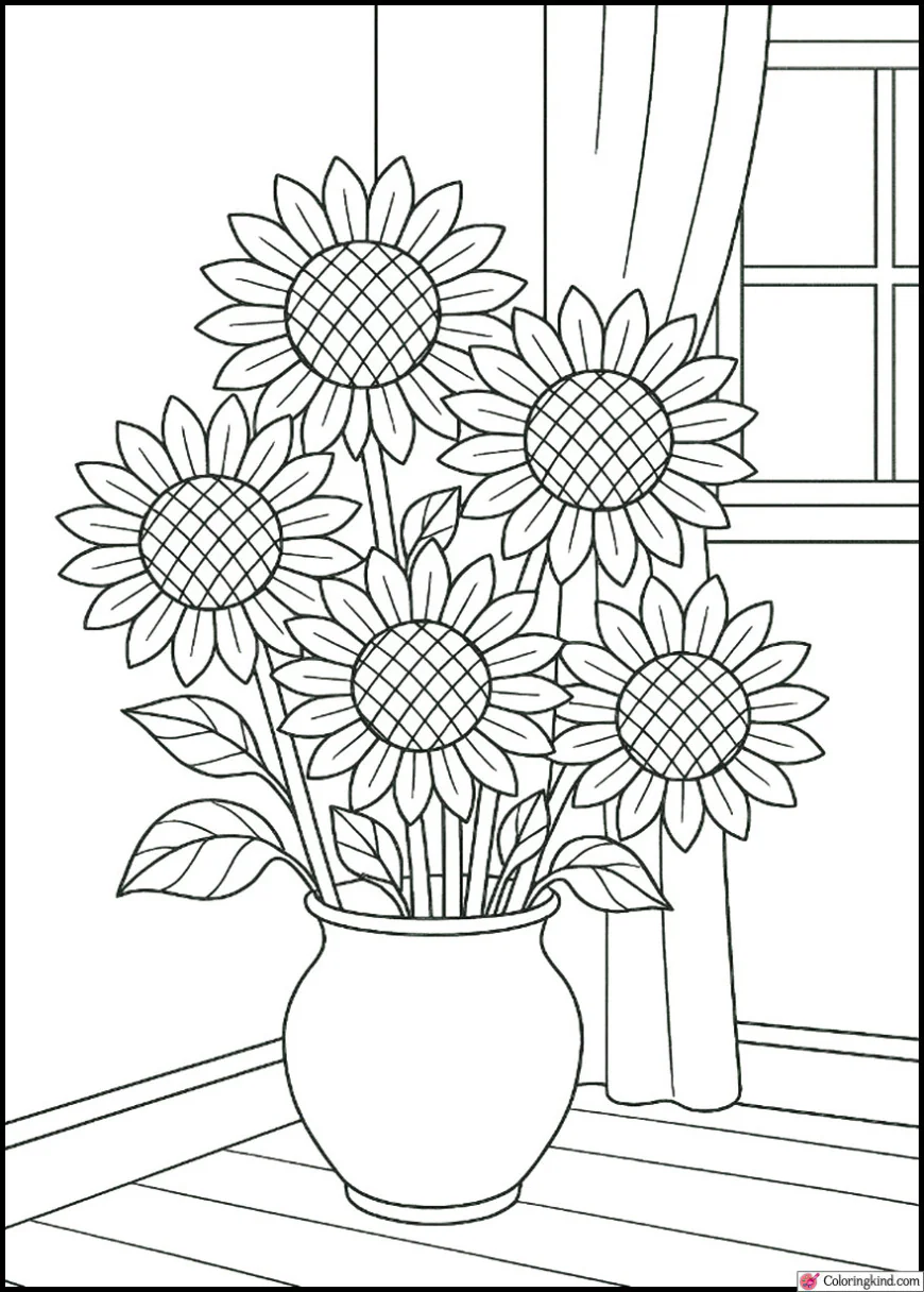 Sunflowers in a room corner beside a small window