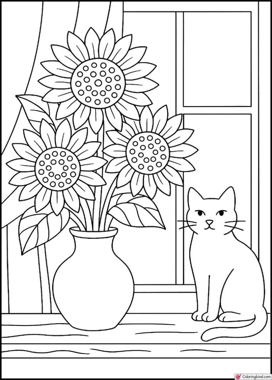 Sunflowers in a vase beside a cat sitting on a window ledge