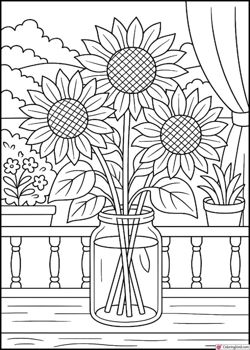 Sunflowers in a glass jar on a balcony surrounded by flower pots