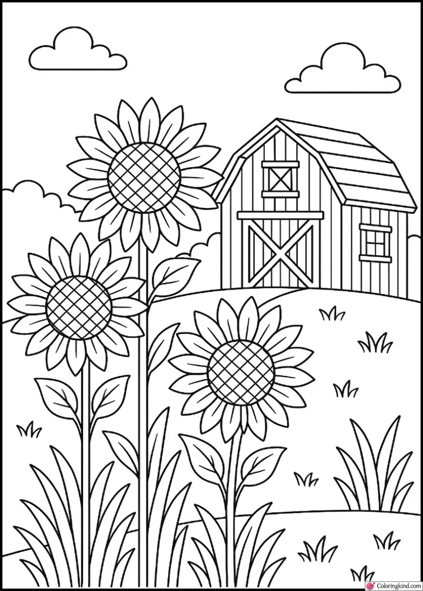 Sunflowers and a Country Barn Scene