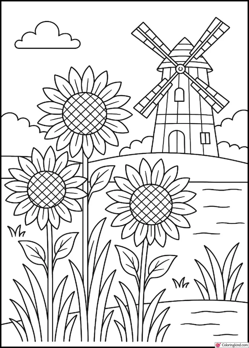 Sunflowers and Windmill Beside the Lake