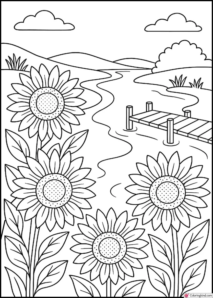 Sunflowers with River and Wooden Dock